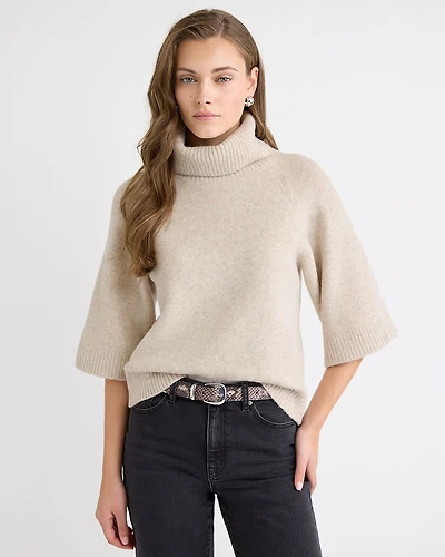 Elbow-Sleeve Mock-Neck Loose Sweater