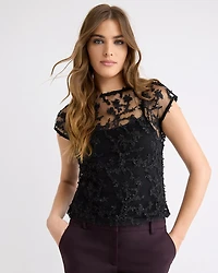 Extended-Sleeve Crew-Neck Lace Top