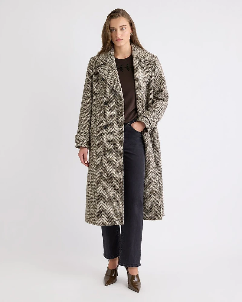 Wool-Blend Long Double-Breasted Herringbone Coat