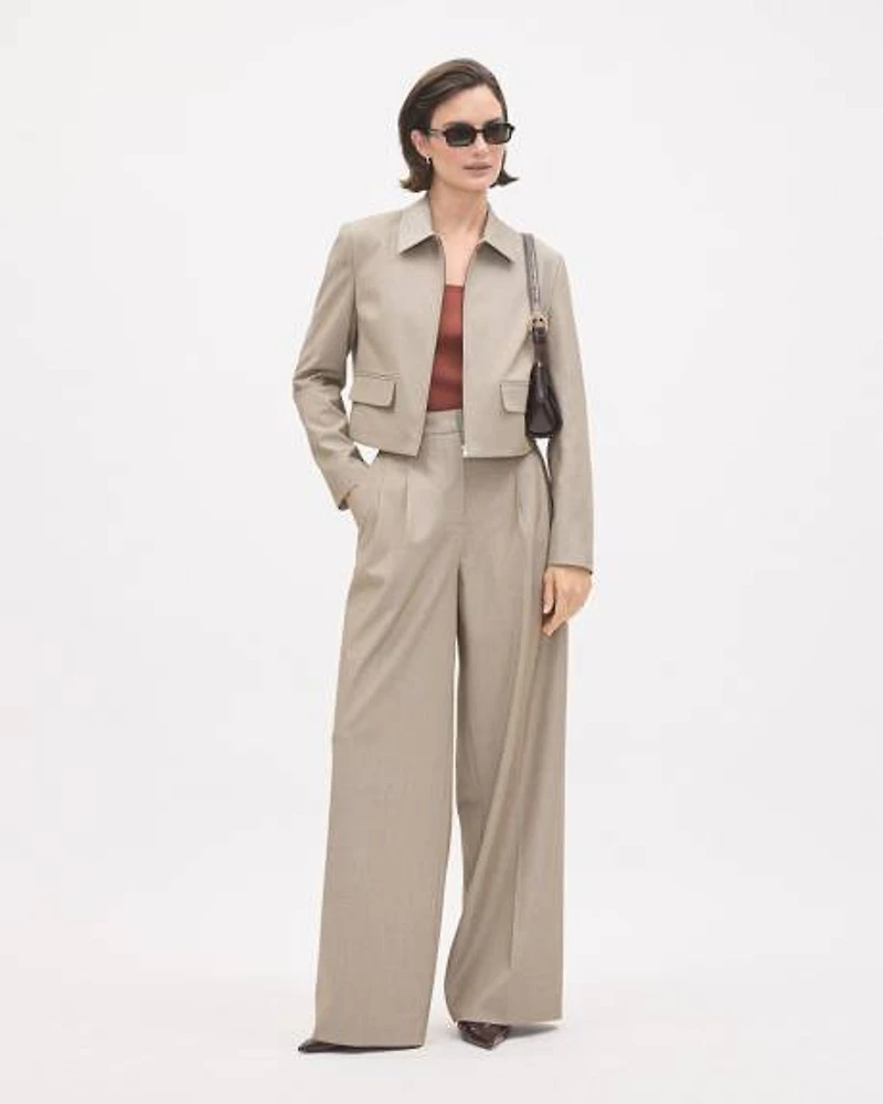 Pantalon Taupe à Jambe Large et Taille Haute
