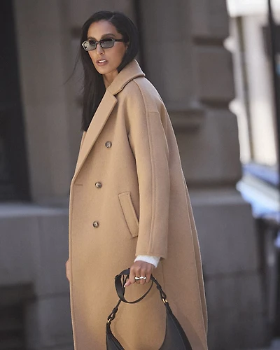 Manteau Long à Boutonnage Double en Mélange de Laine