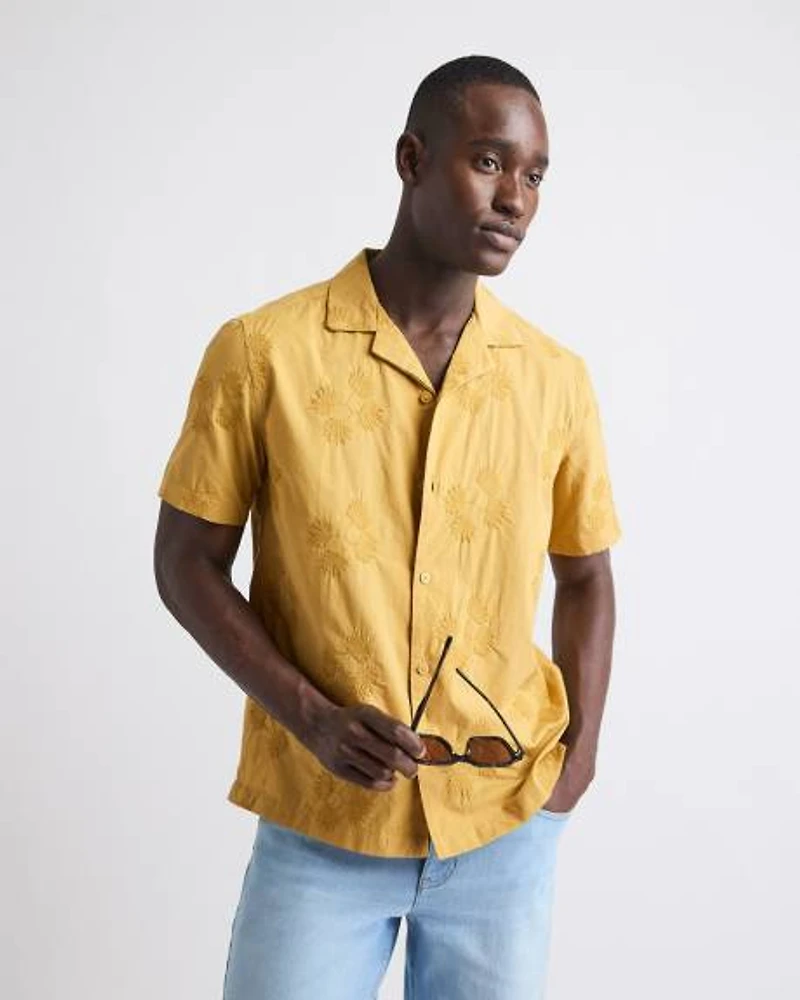 Short-Sleeve Camp-Collar Mustard Shirt with Embroidered Details