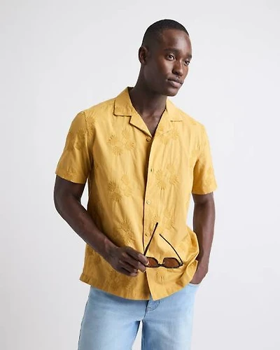 Short-Sleeve Camp-Collar Mustard Shirt with Embroidered Details