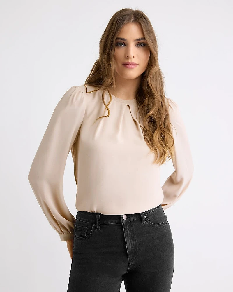 Mix-Media Long-Sleeve Crew-Neck Blouse