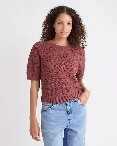 Short-Sleeve Crew-Neck Boxy Sweater Fancy Stitches