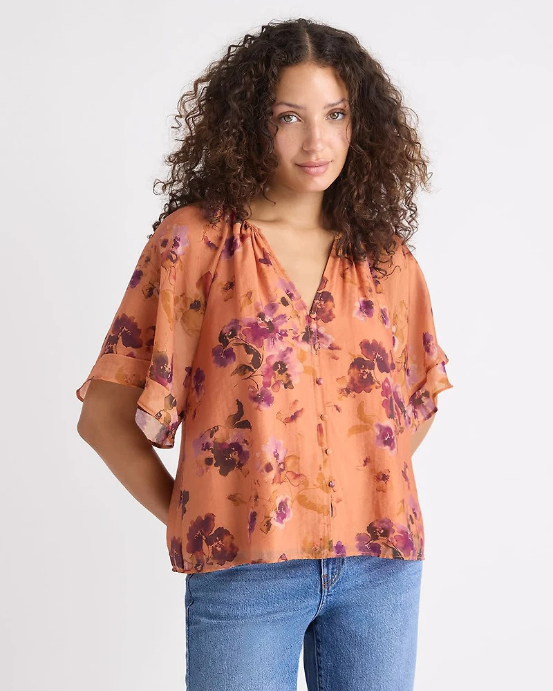 V-Neck Blouse with Short Flutter Sleeves