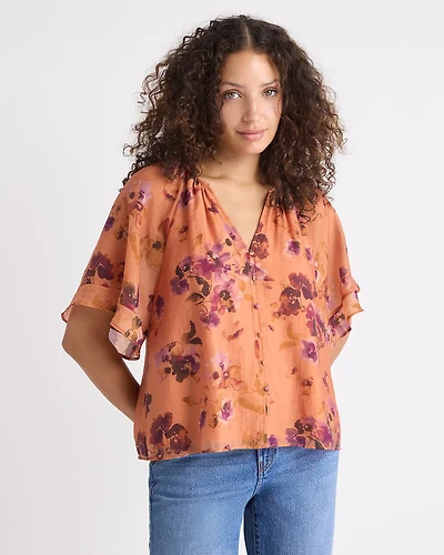 V-Neck Blouse with Short Flutter Sleeves