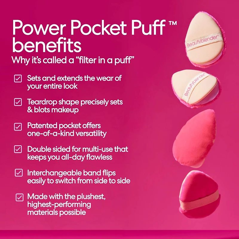 Houpette à poudre POWER POCKET PUFF™ à double face pour fixer et cuire.