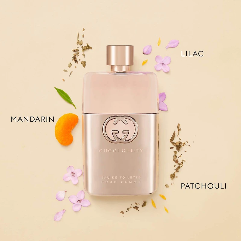 Eau de toilette Guilty pour femme avec mandarine, lilas et patchouli