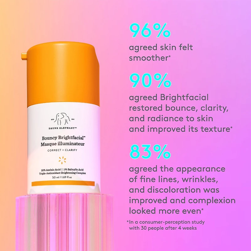 Masque illuminateur Bouncy Brightfacial avec 10 % d’acide azélaïque + 1 % d’acide salicylique