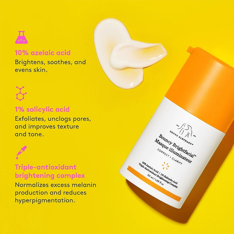 Masque illuminateur Bouncy Brightfacial avec 10 % d’acide azélaïque + 1 % d’acide salicylique