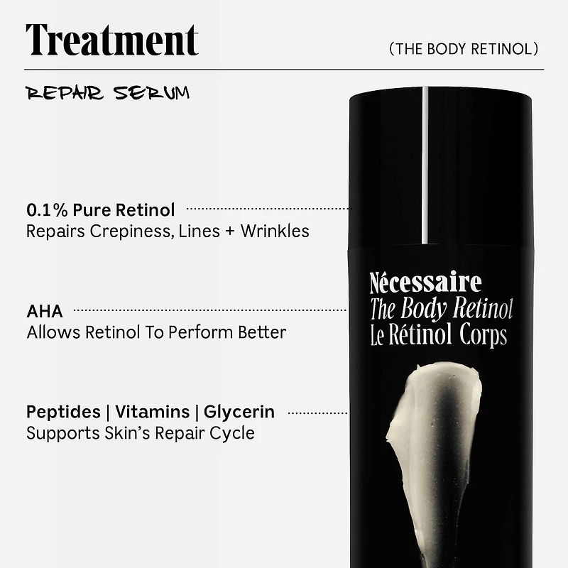 Sérum réparateur au rétinol pour le corps avec 0,1 % de rétinol pur, 10 % AHA + 5 peptides