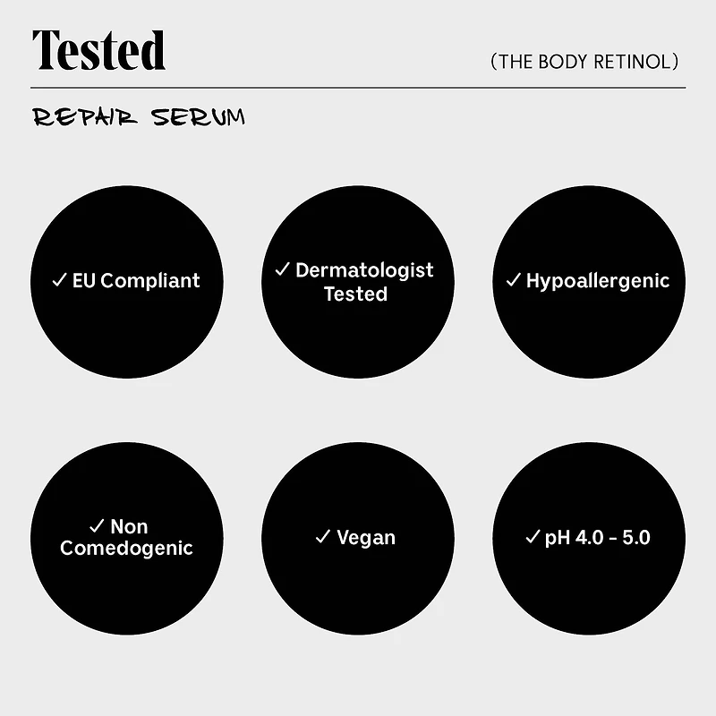 Sérum réparateur au rétinol pour le corps avec 0,1 % de rétinol pur, 10 % AHA + 5 peptides