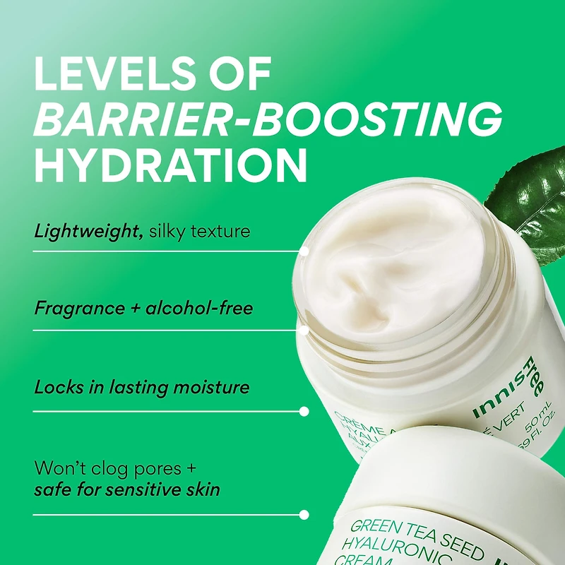 Crème hydratante à l’acide hyaluronique aux graines de thé vert