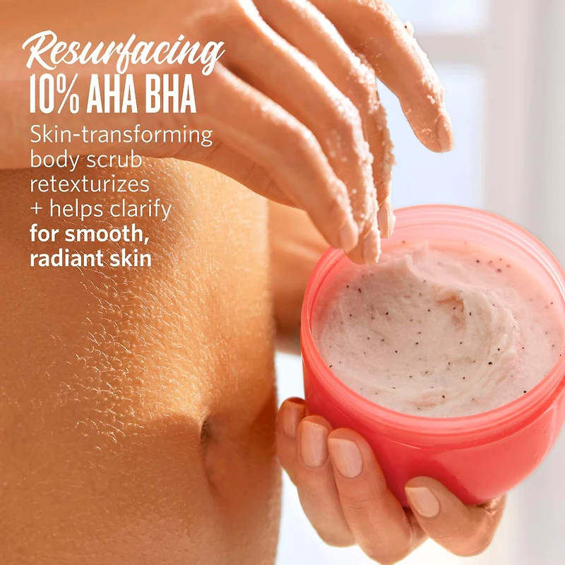 Exfoliant pour le corps Bom Dia avec le complexe resurfaçant qui contient 10 % d’AHA et de BHA + des graines de maracujá broyées