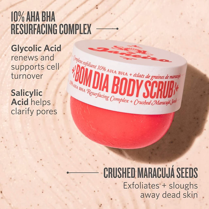 Exfoliant pour le corps Bom Dia avec le complexe resurfaçant qui contient 10 % d’AHA et de BHA + des graines de maracujá broyées