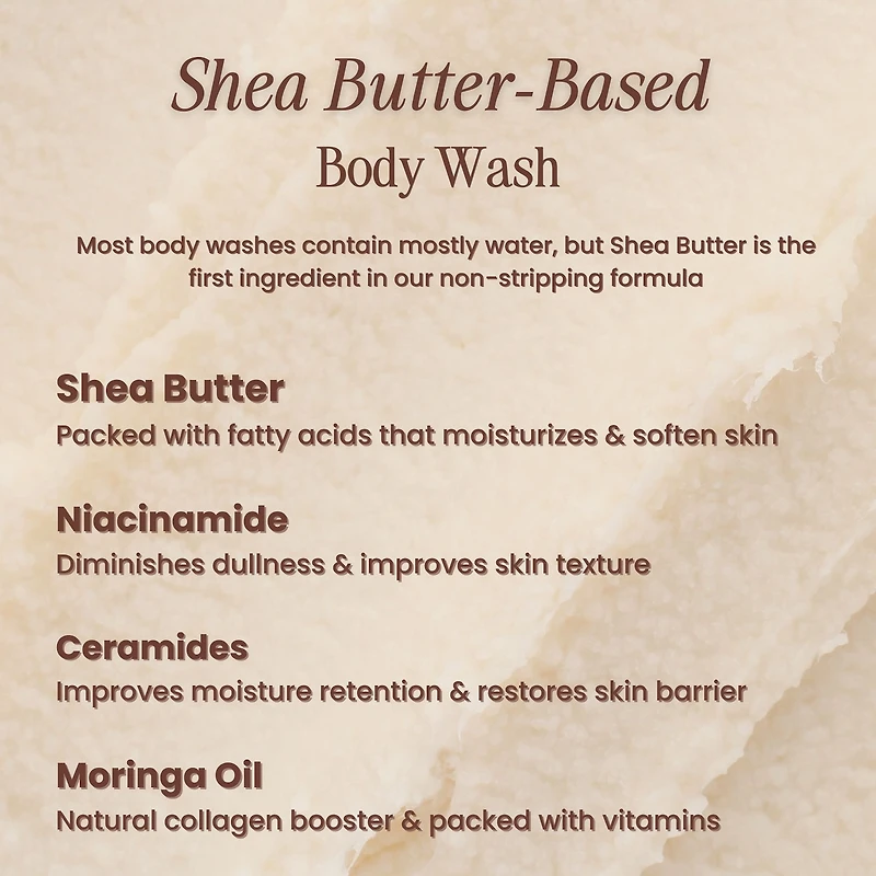 Moisturizing Butter Cream Body Wash - Non-Stripping with Shea Butter, Ceramides and Niacinamide