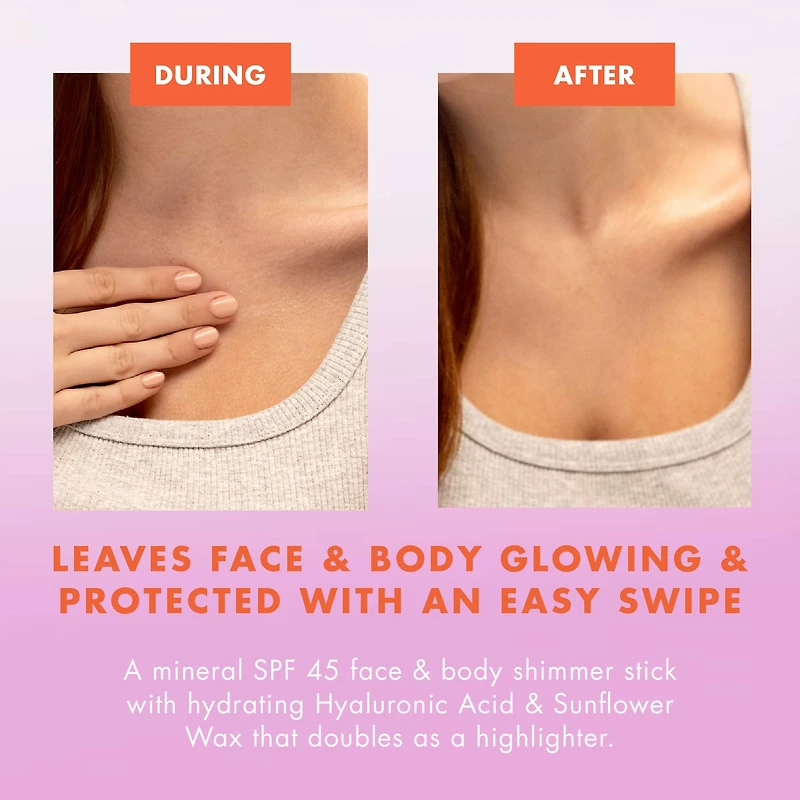 The Shimmer One SPF 45 Face and Body Mineral Sunscreen Glow Stick with Hyaluronic Acid