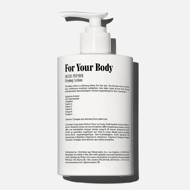 Lotion pour le corps hydratante raffermissante avec cinq peptides et 2,5 % de niacinamide