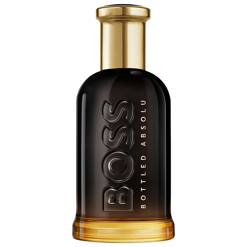 Boss Bottled Absolu Parfum Intense, avec des notes de cuir, d’essence patchouli et cèdre.