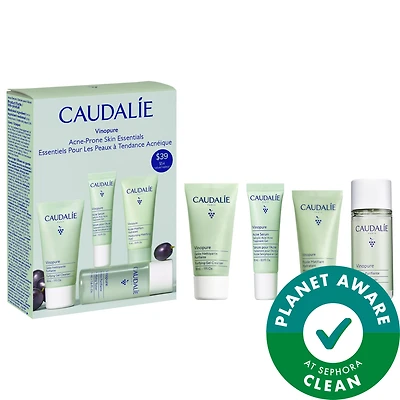 Caudalie Vinopure Acne-Prone Skin Essentials serum: 0.3oz - toner: 1.6oz - gel: 1oz - fluid: 0.5oz/serum: 10mL - toner: 50mL - gel: 30mL - fluid: 15mL