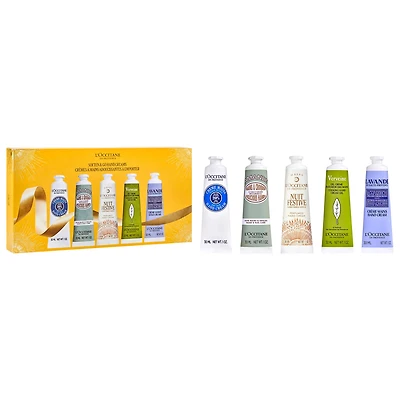 L'Occitane Soften & Go Hand Creams​ Gift Set Set includes four iconic hand creams-Shea Butter, Almond, Verbena, Lavender-plus one limited edition hand cream with notes of black currant & vanilla.