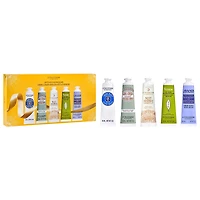 L'Occitane Soften & Go Hand Creams​ Gift Set Set includes four iconic hand creams-Shea Butter, Almond, Verbena, Lavender-plus one limited edition hand cream with notes of black currant & vanilla.