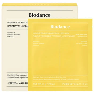 Biodance Radiant Vita Niacinamide Real Deep Mask - 4 Pack for Brightening Dull Skin & Dark Spot Care 4 Masks/1 Pack