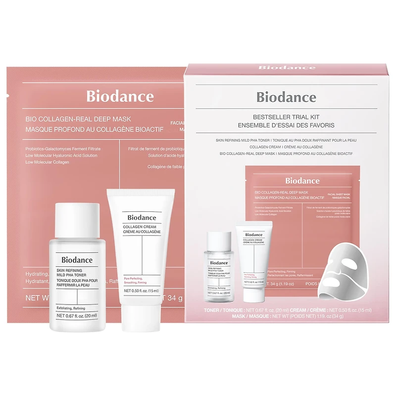 Biodance Bestseller Trial Kit for Gentle Exfoliation, Skin Smoothing, and Pore Perfecting Toner 0.67, Cream 0.5, Mask 1.19/Toner 20, Cream 15, Mask 34
