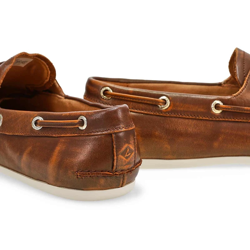 SLIMBOAT Distressed leather boat shoe, tan, women'
