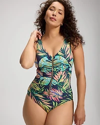 Color Spectrum Zip-Front One-Piece Swimsuit