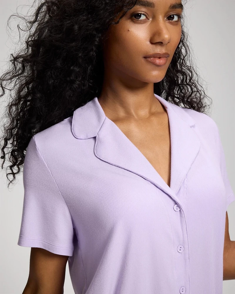 Rib Short Sleeve Notch Collar Pajama Top