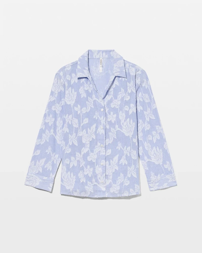 Cotton Striped Jacquard Long-Sleeve Notch Collar Pajama Top