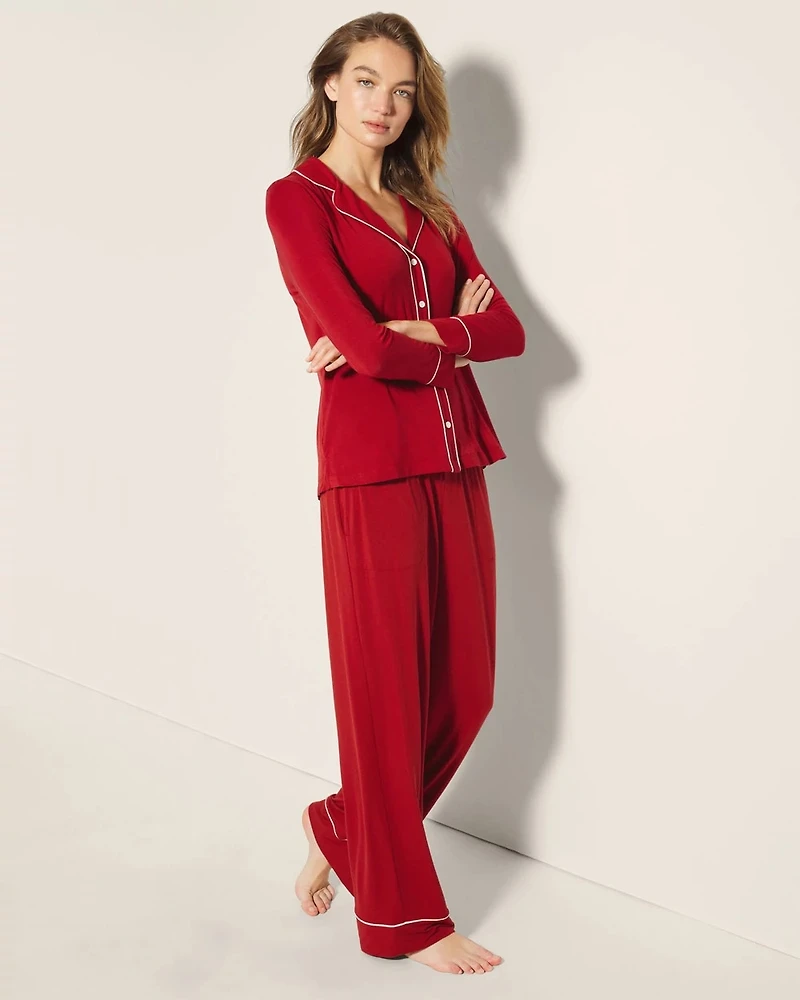 Long-Sleeve Notch Collar Pajama Top