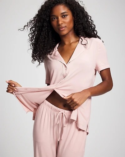 Solid Short Sleeve Notch Collar Pajama Top