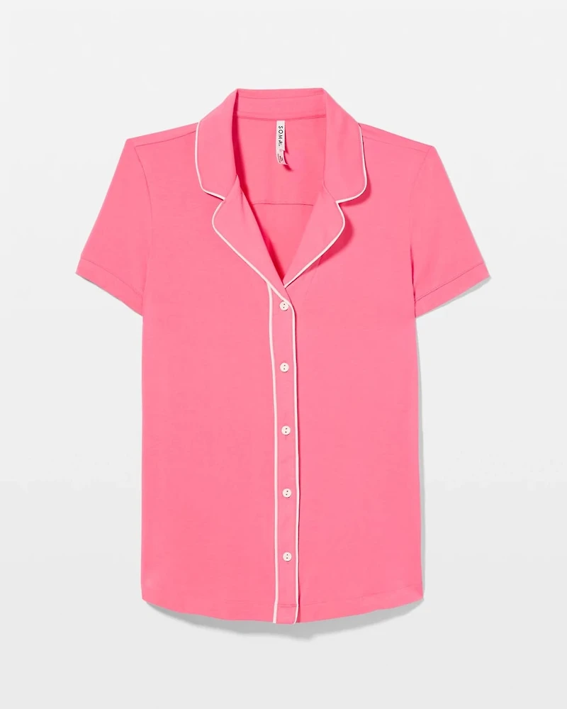 Solid Short Sleeve Notch Collar Pajama Top