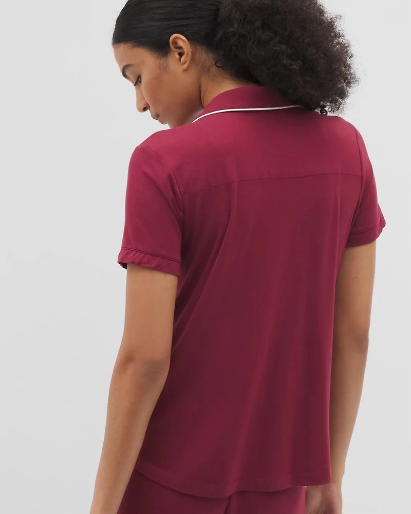 Solid Short Sleeve Notch Collar Pajama Top