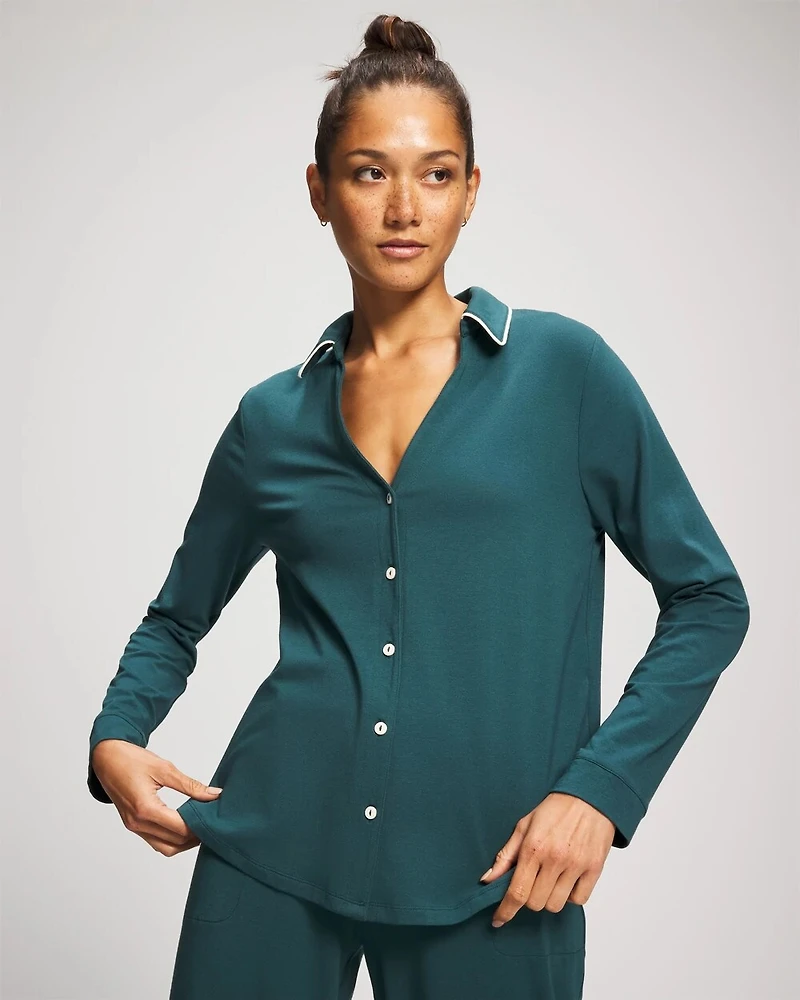 Long-Sleeve Notch Collar Pajama Top
