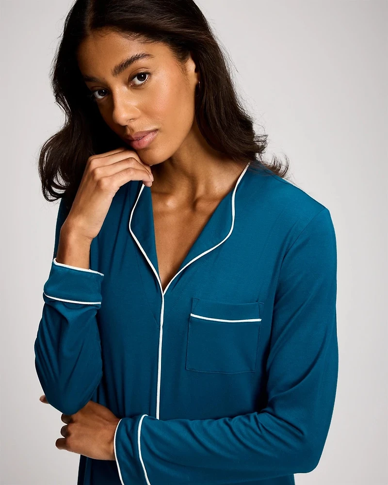Piped Long-Sleeve Sleepshirt