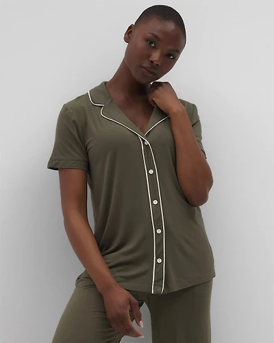 Solid Short Sleeve Notch Collar Pajama Top