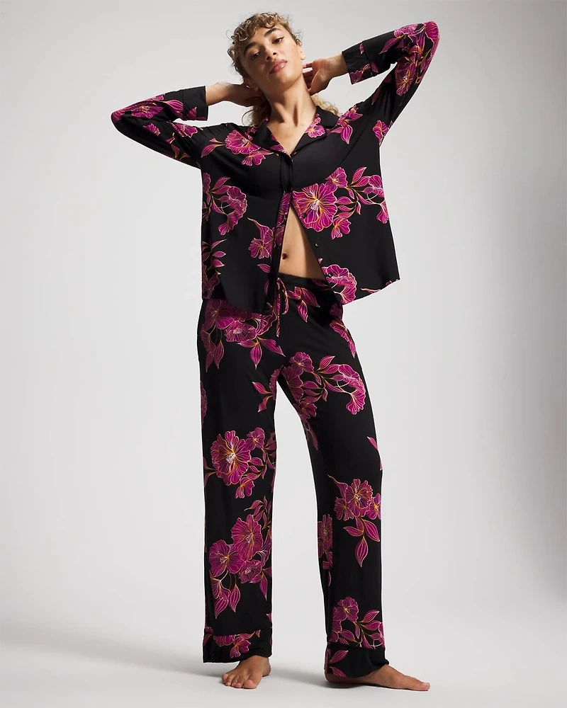 Cool Nights Long Sleeve Notch Collar with Piped Placket Pajama Top