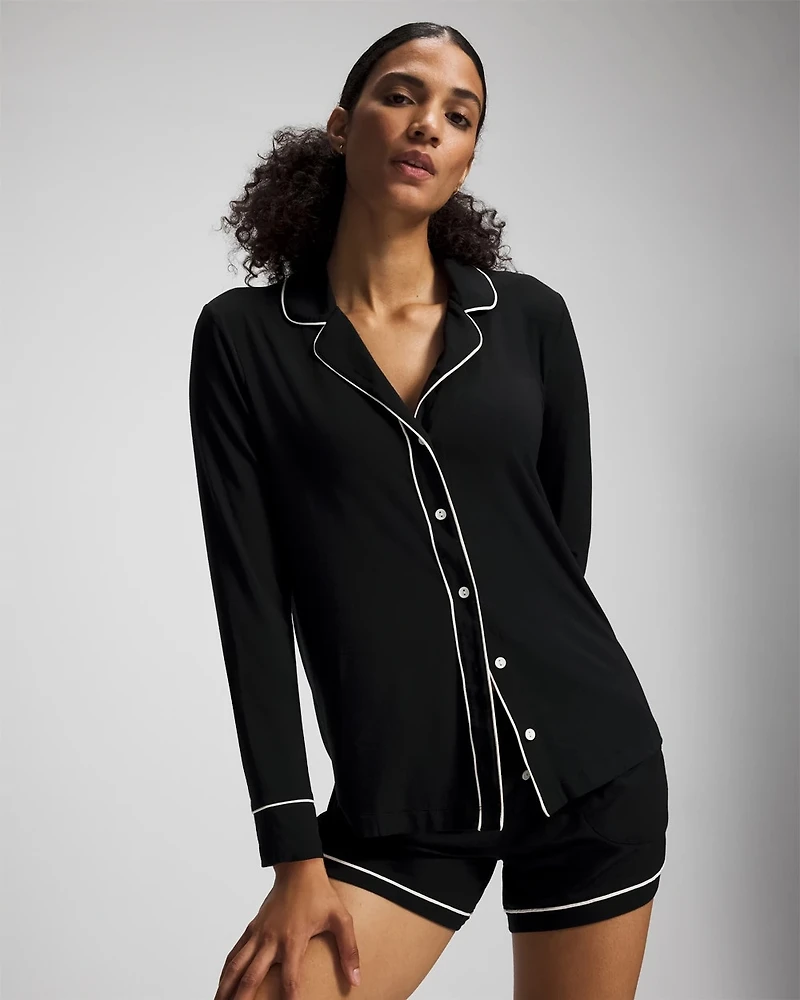 Long-Sleeve Notch Collar Pajama Top