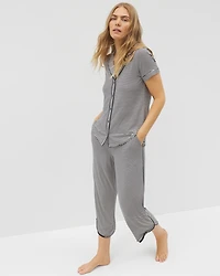 Piped Short Sleeve Notch Collar Pajama Top