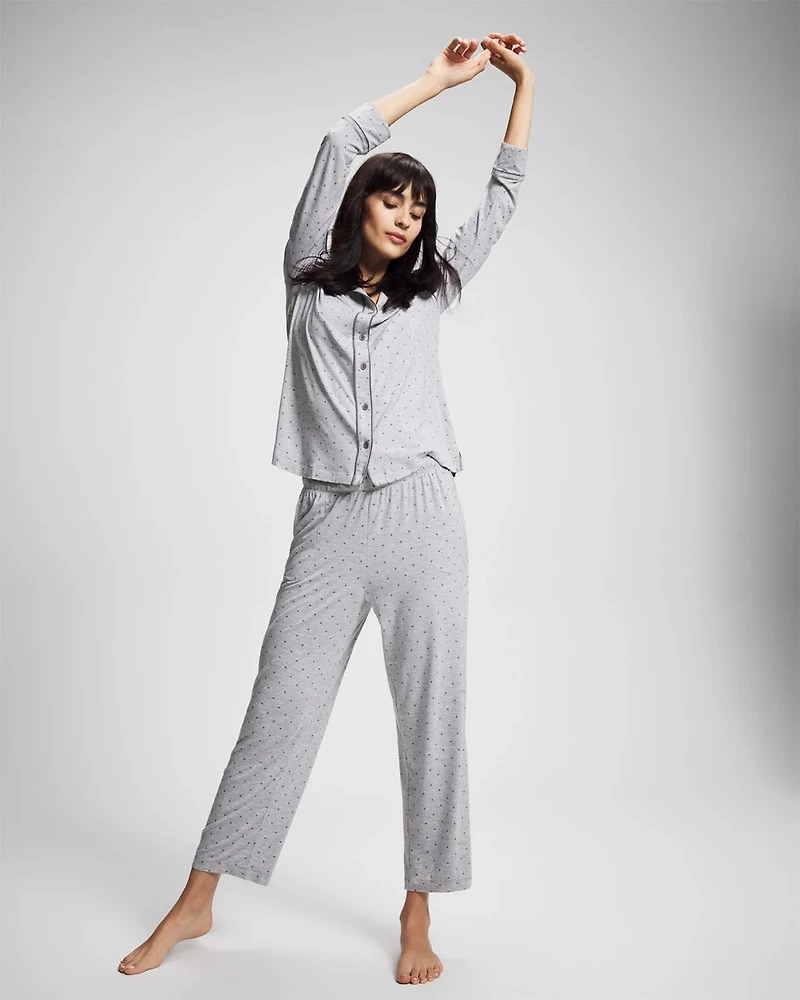 Long-Sleeve Printed Notch Collar Pajama Top