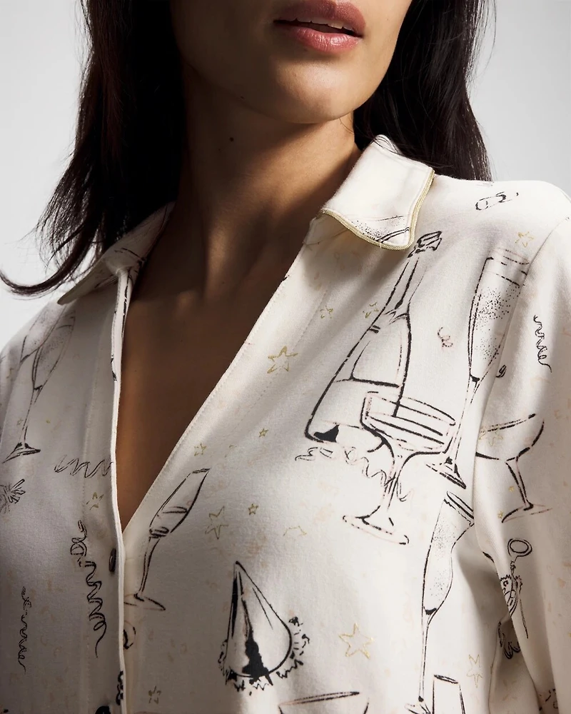 Long-Sleeve Notch Collar Pajama Top