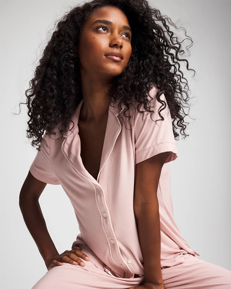 Solid Short Sleeve Notch Collar Pajama Top