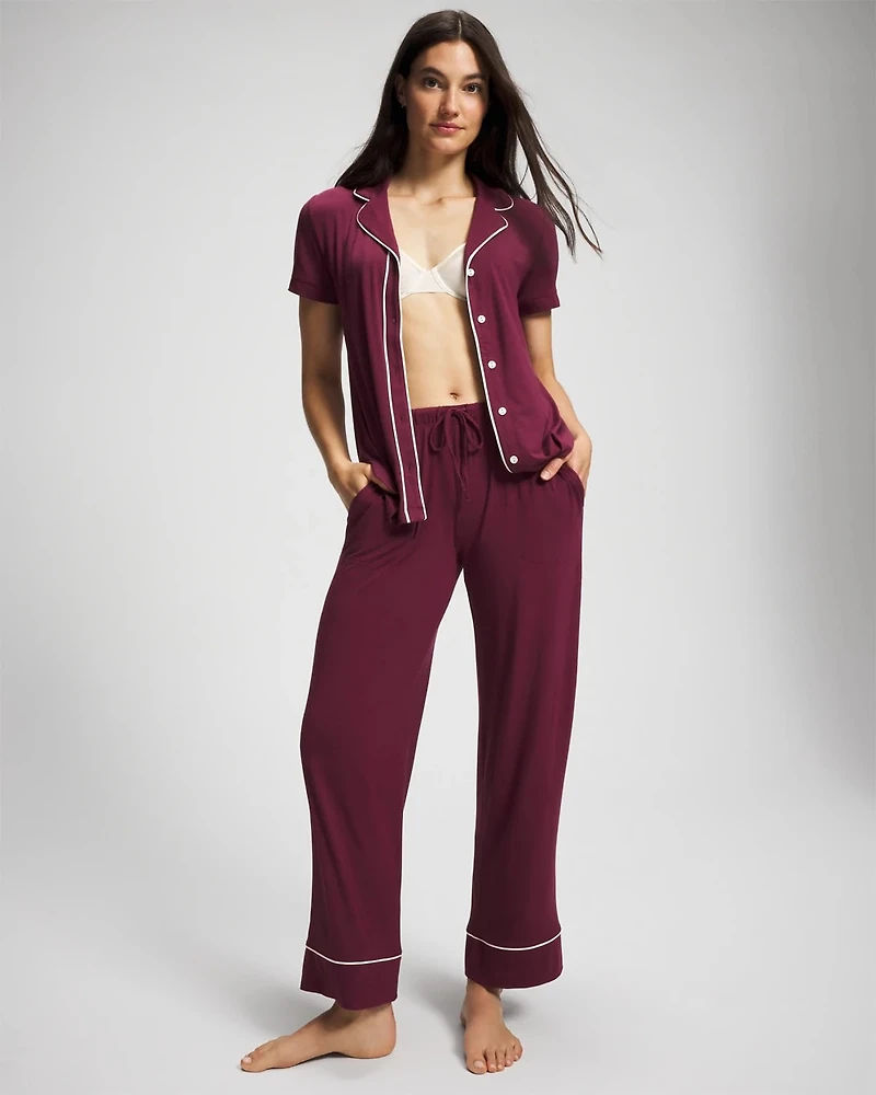 Solid Short Sleeve Notch Collar Pajama Top