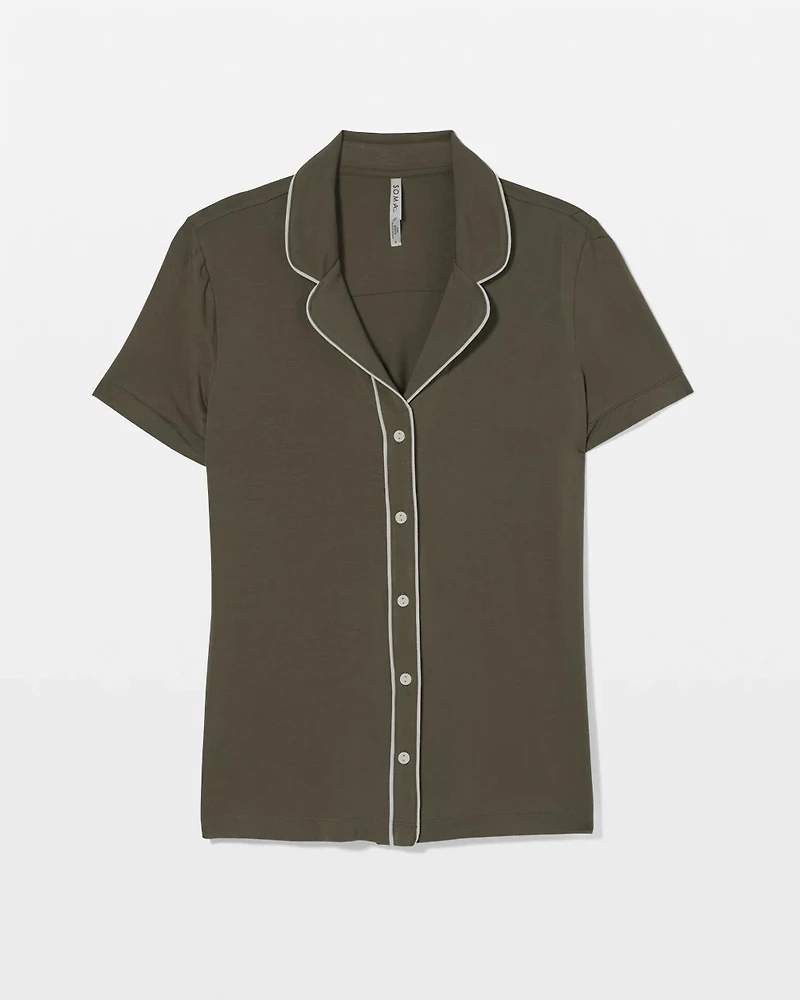 Solid Short Sleeve Notch Collar Pajama Top