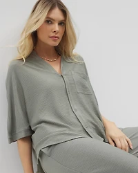 Crinkle Knit Relaxed Button-Up Top