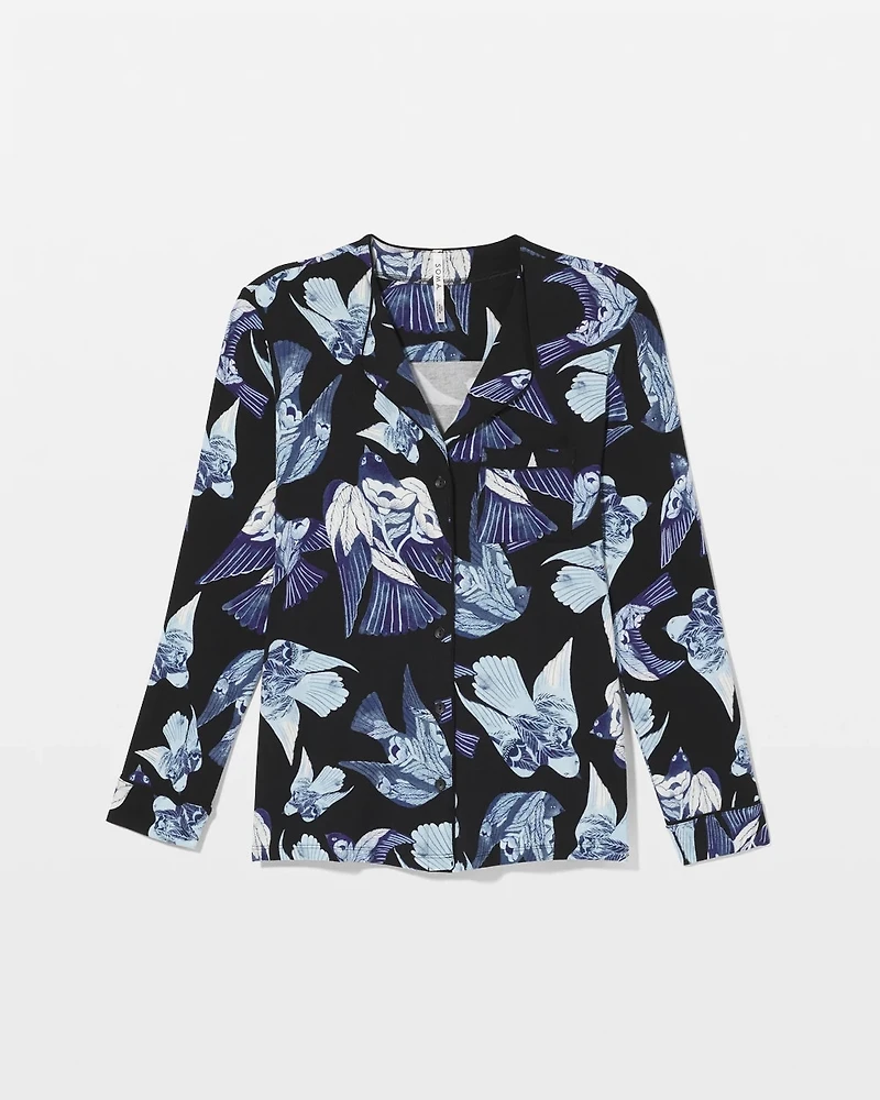 Piped Long-Sleeve Notch Pajama Top